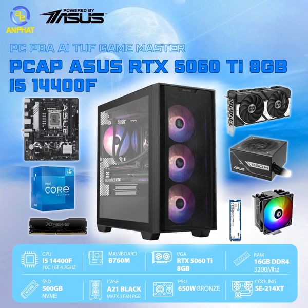 PCAP ASUS RTX 5060 Ti 8GB AI TUF Game Master (i5 14400F - 16GB RAM - 500GB SSD) - Powered by ASUS