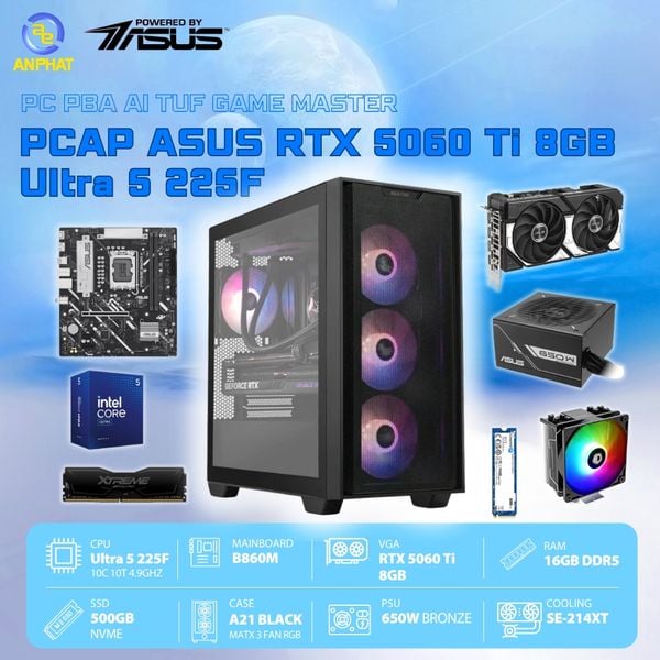 PCAP ASUS RTX 5060 Ti 8GB AI TUF Game Master (Ultra 5 225F- 16GB RAM - 500GB SSD) - Powered by ASUS