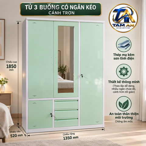 Tủ 3 buồng có ngăn kéo cánh trơn