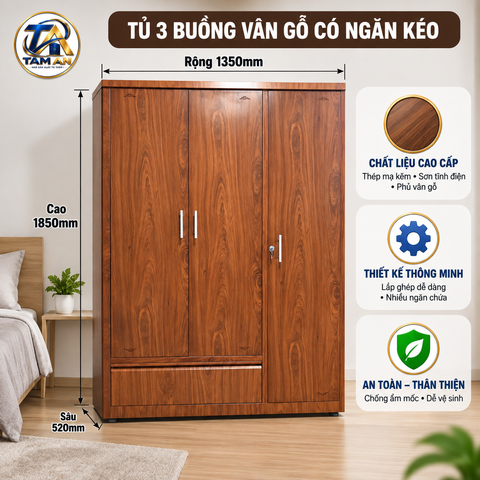 Tủ 3 buồng vân gỗ có ngăn kéo