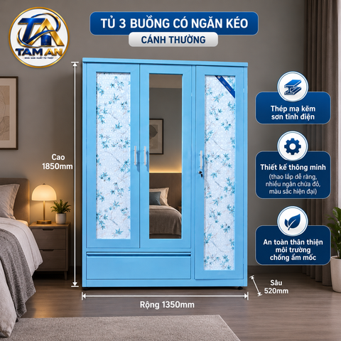 Tủ 3 buồng có ngăn kéo cánh thường