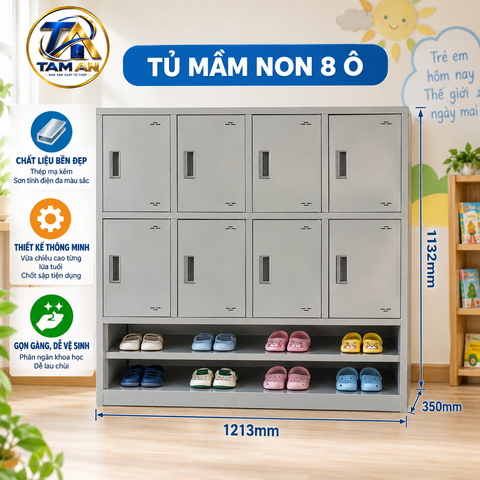 Tủ mầm non 8 ô có khay để giày dép