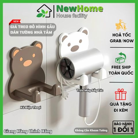 Giá Treo Máy Sấy Tóc Hình Gấu, Giá Đỡ Điện Thoại Dán Tường Phòng Tắm Không Cần Đục Lỗ Tiện Lợi.