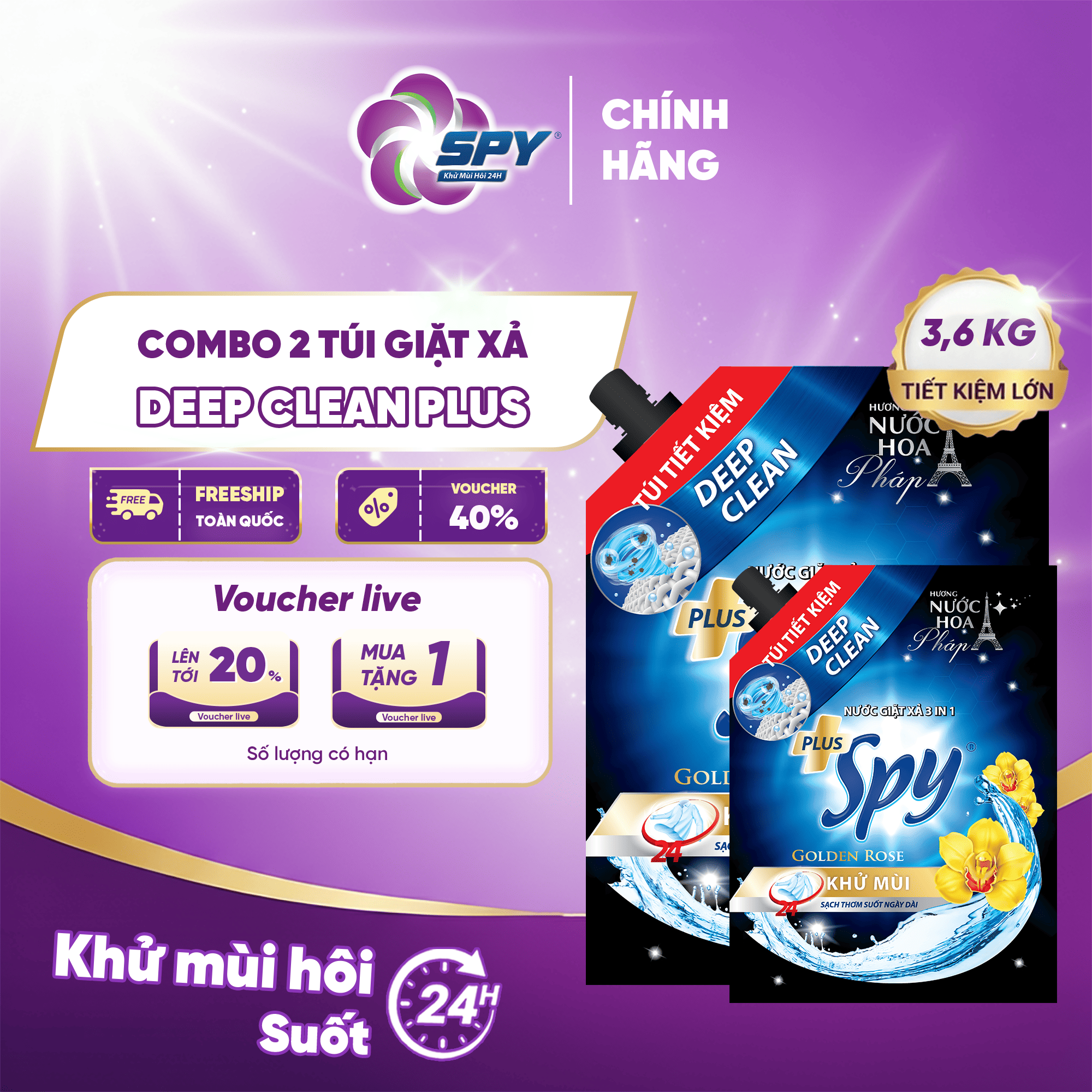  Nước giặt xả SPY DEEP CLEAN PLUS khử mùi, sạch sâu, thơm lâu giúp làm mềm vải 2,6kg 