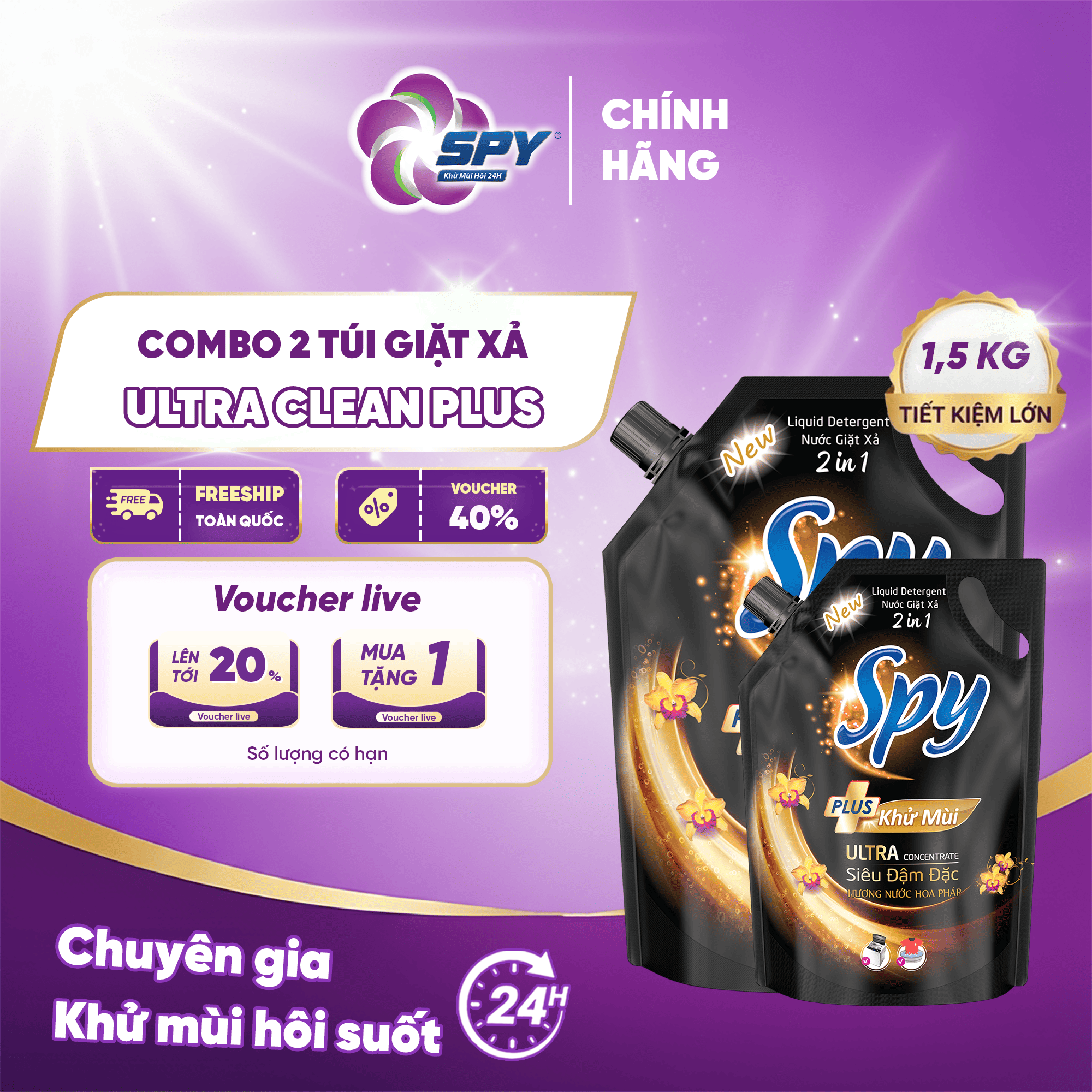  Nước giặt xả 2 trong 1 SPY Ultra Clean Plus sạch sâu, khử mùi, hương tinh tế, êm dịu 1,5kg 