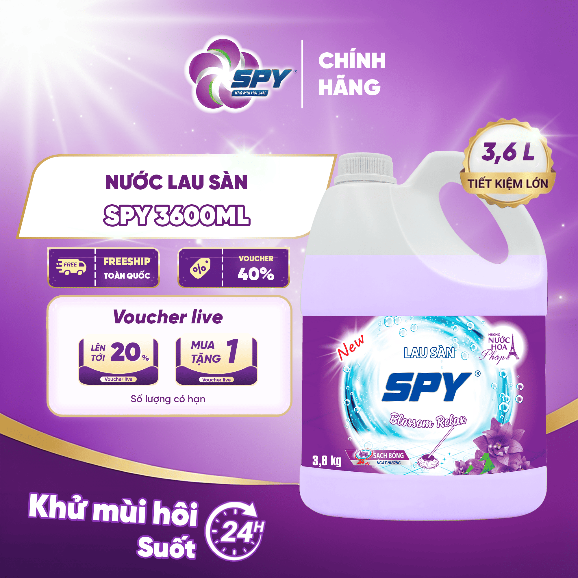  Nước lau sàn SPY 3600ml Blossom relax thư giãn thoải mái khử mùi hôi tanh, giúp xua đuổi côn trùng 