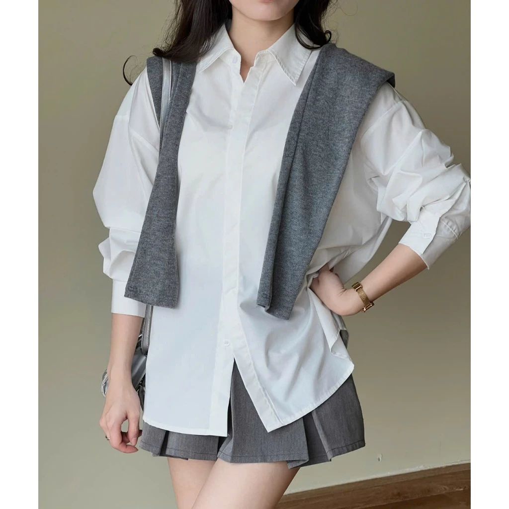  Áo Sơ Mi Thô Dài Tay, Áo Sơmi Trơn Giấu Cúc, Áo Sơ Mi Nữ Kiểu Form Dáng Rộng Miho House 