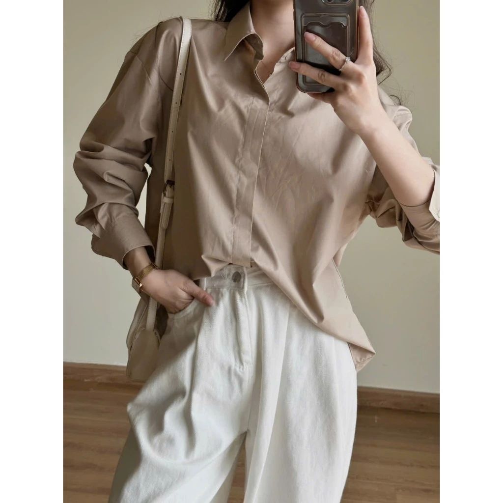  Áo Sơ Mi Thô Dài Tay, Áo Sơmi Trơn Giấu Cúc, Áo Sơ Mi Nữ Kiểu Form Dáng Rộng Miho House 