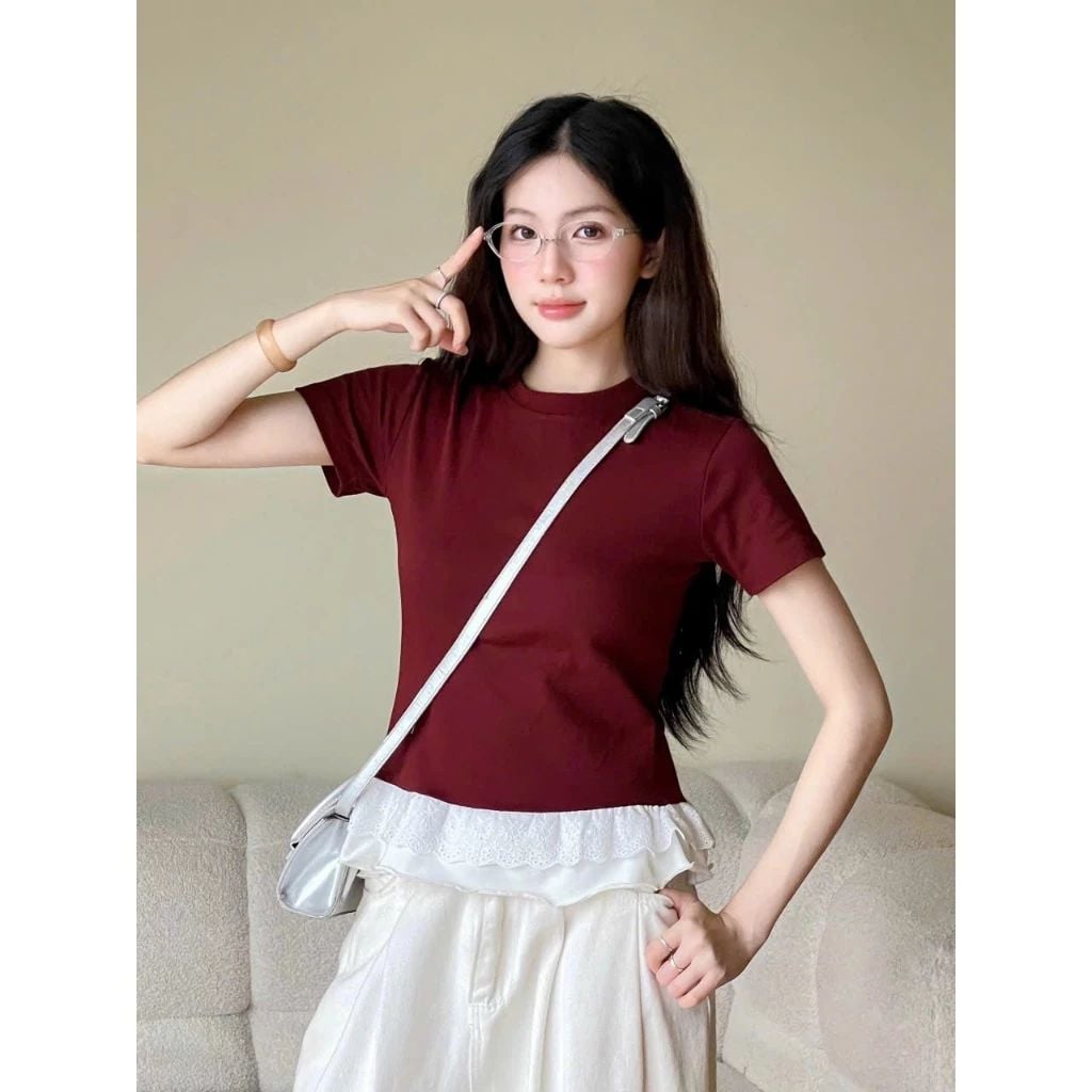  Áo Thun Babytee Phối Ren Gấu, Áo Phông Baby Tee Cổ Tròn Form Vừa Chất Vải Cotton Mùa Hè Thoáng Mát Premium Miho House 