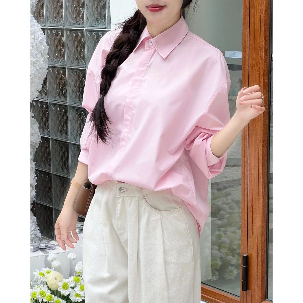  Áo Sơ Mi Thô Dài Tay, Áo Sơmi Trơn Giấu Cúc, Áo Sơ Mi Nữ Kiểu Form Dáng Rộng Miho House 