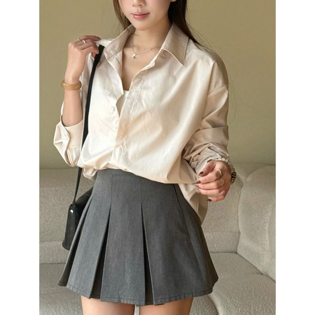  Áo Sơ Mi Thô Dài Tay, Áo Sơmi Trơn Giấu Cúc, Áo Sơ Mi Nữ Kiểu Form Dáng Rộng Miho House 
