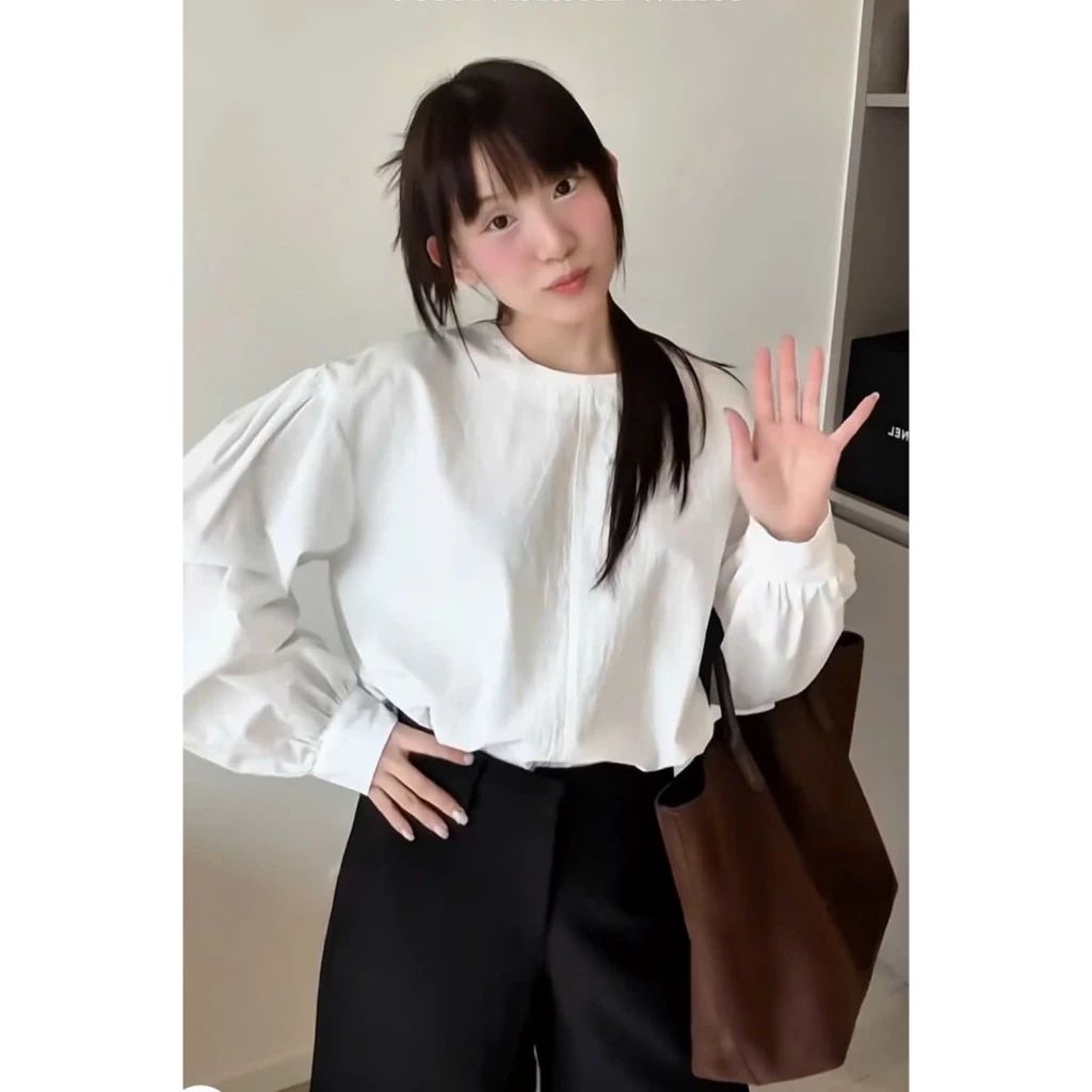  Áo sơ mi thô cổ tròn tay bồng dáng rộng Miho House 