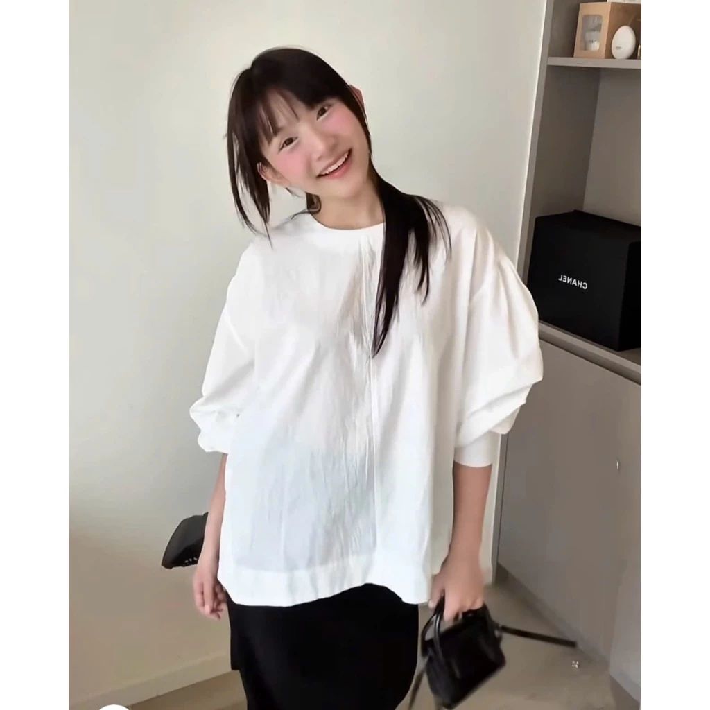  Áo sơ mi thô cổ tròn tay bồng dáng rộng Miho House 