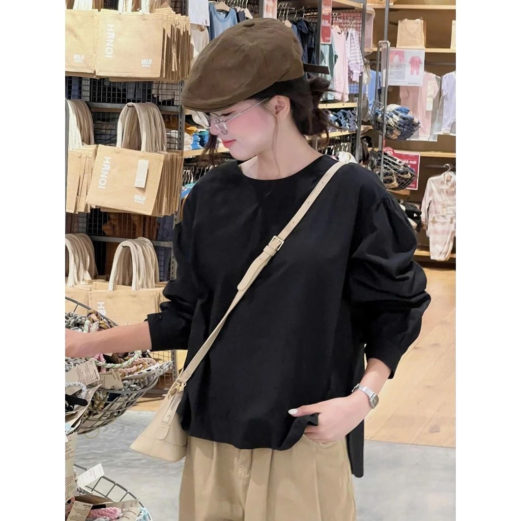  Áo sơ mi thô cổ tròn tay bồng dáng rộng Miho House 