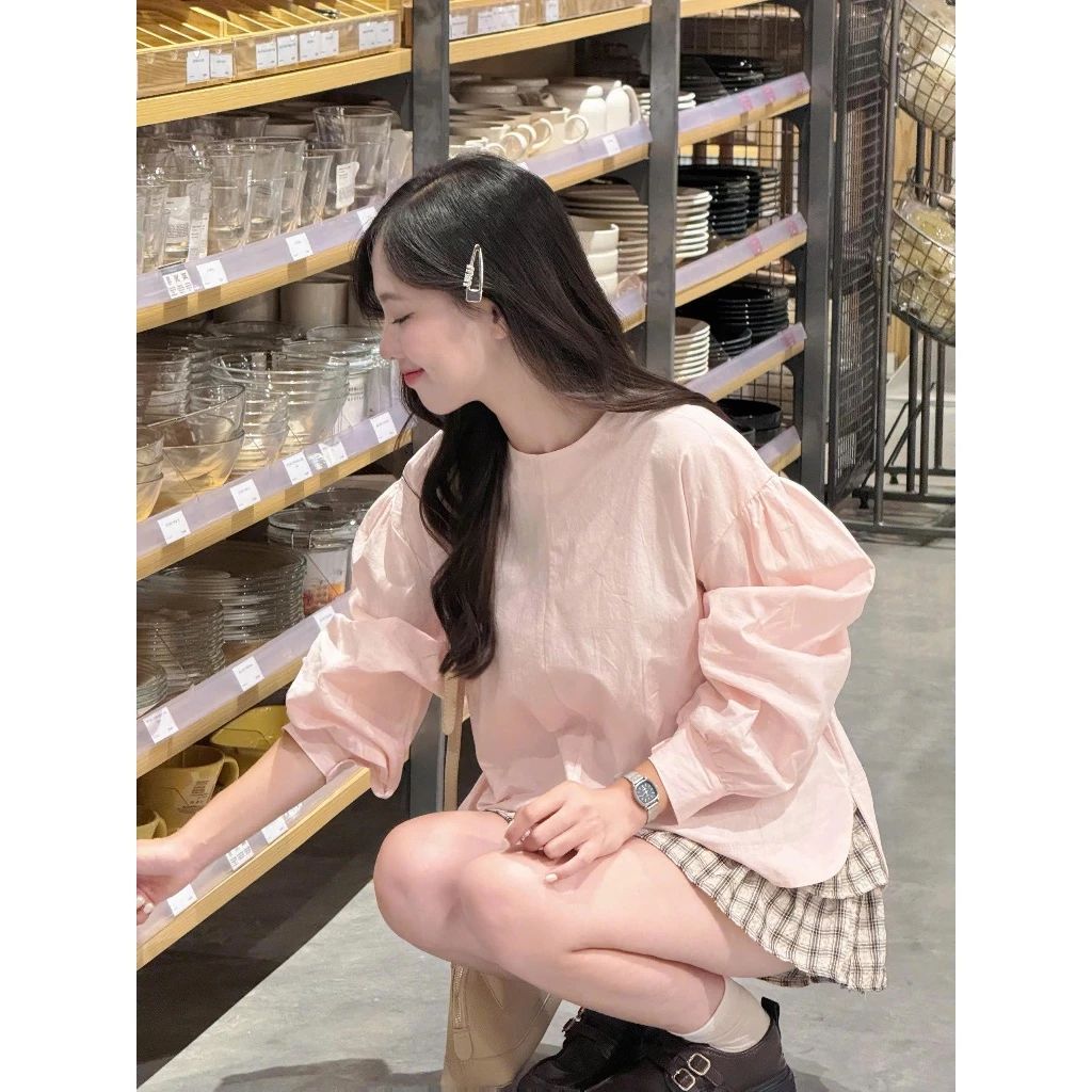  Áo sơ mi thô cổ tròn tay bồng dáng rộng Miho House 