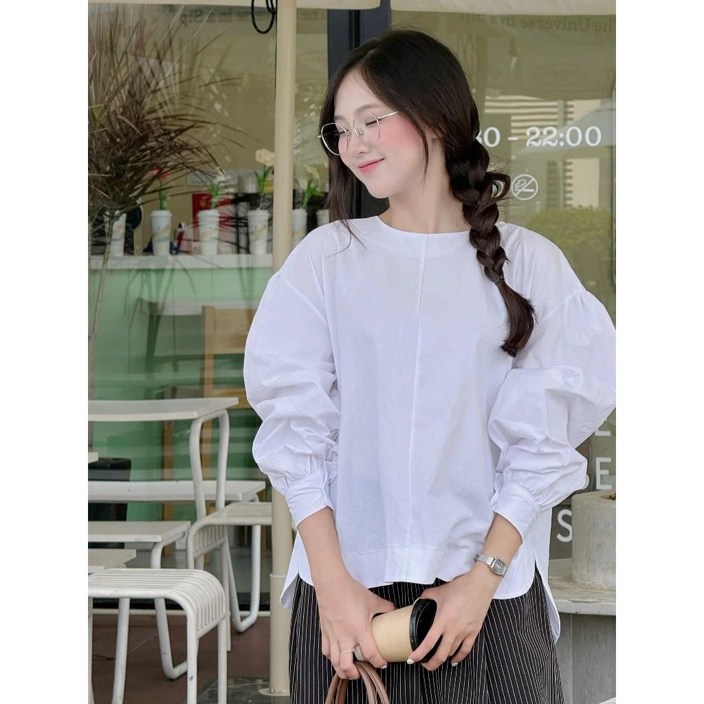  Áo sơ mi thô cổ tròn tay bồng dáng rộng Miho House 