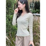  Áo thun dài tay thu đông chất vải len dệt cổ V uốn sóng Miho House 