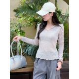  Áo thun dài tay thu đông chất vải len dệt cổ V uốn sóng Miho House 