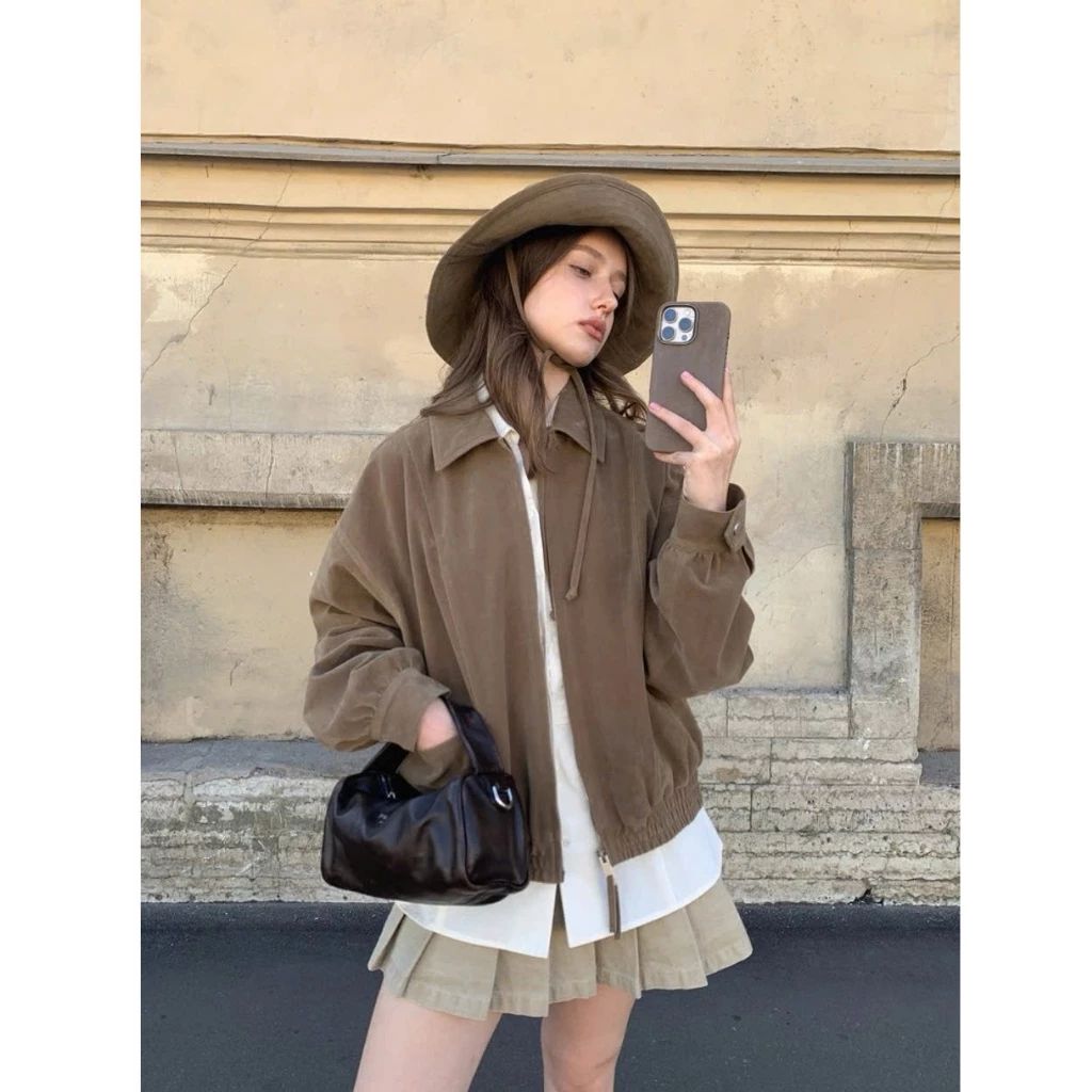  Áo khoác da lộn dáng dài rộng, giấu khoá Miho House 