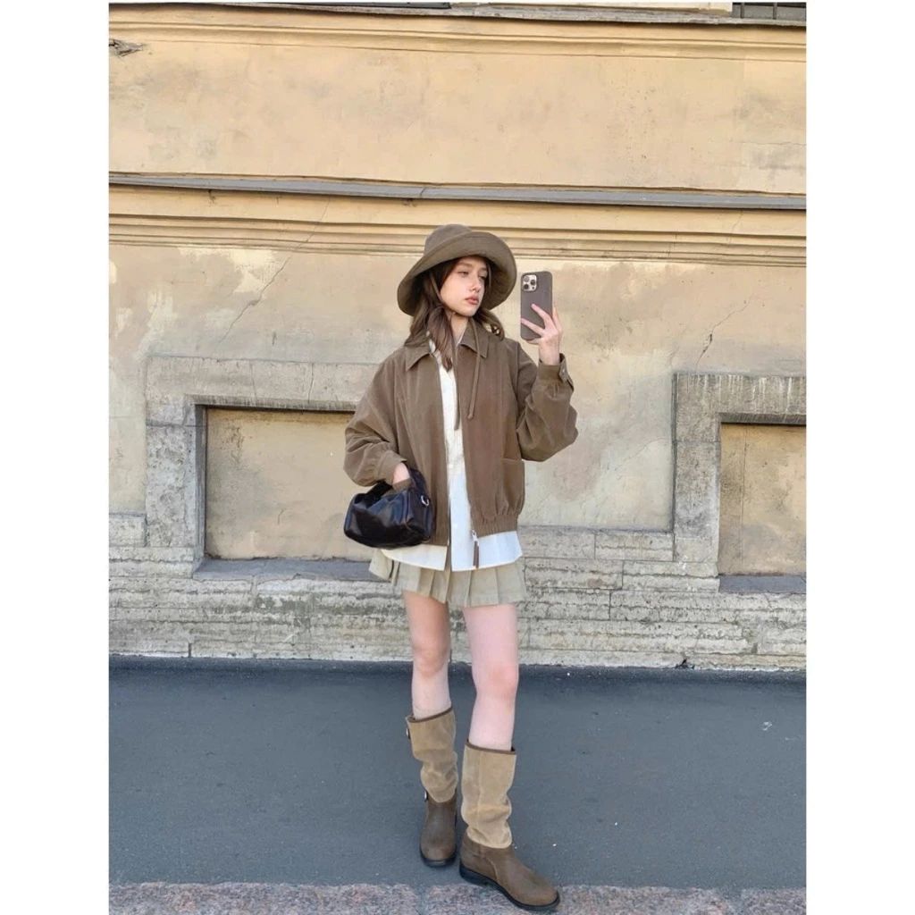  Áo khoác da lộn dáng dài rộng, giấu khoá Miho House 