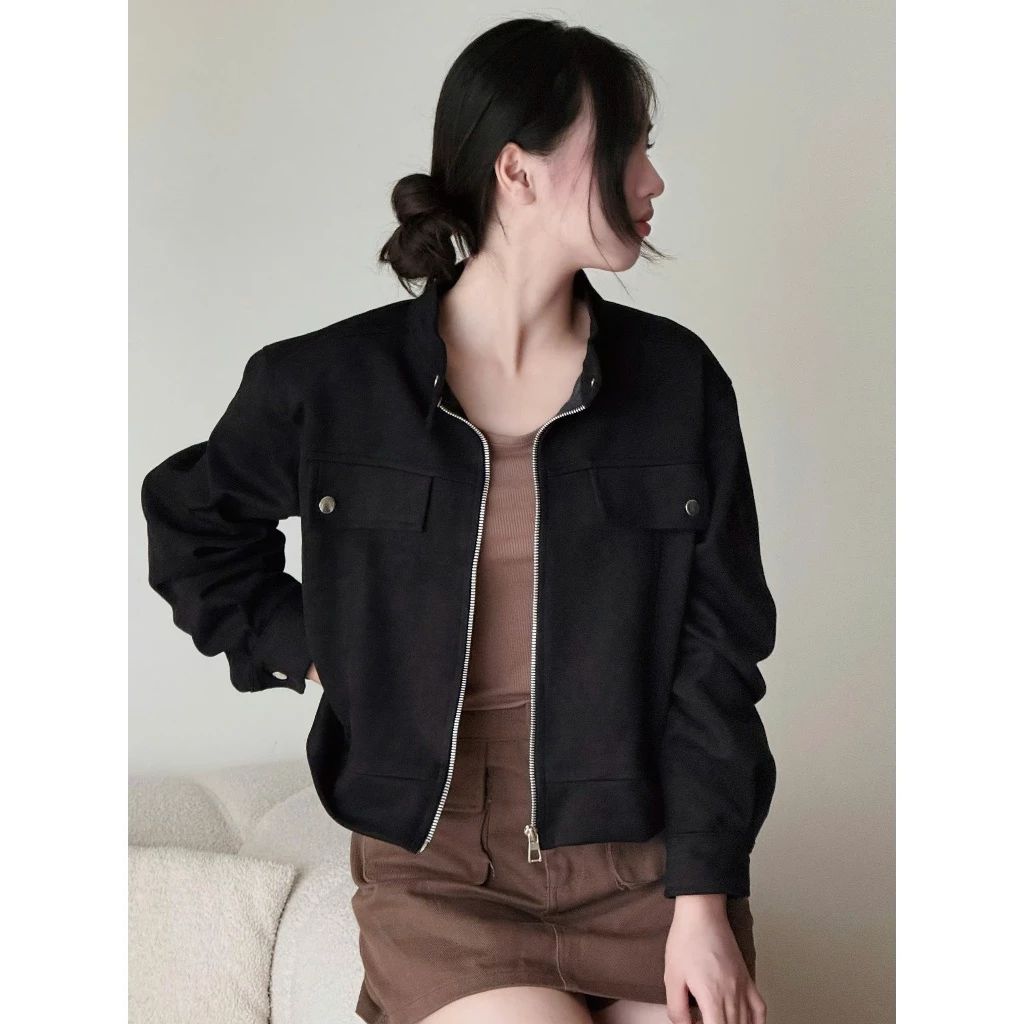  Áo Khoác Da Lộn Cổ Tàu, Áo Khoác Kiểu Dáng Lửng Chất Vải Dày Dặn Có Lót Trong Miho House 