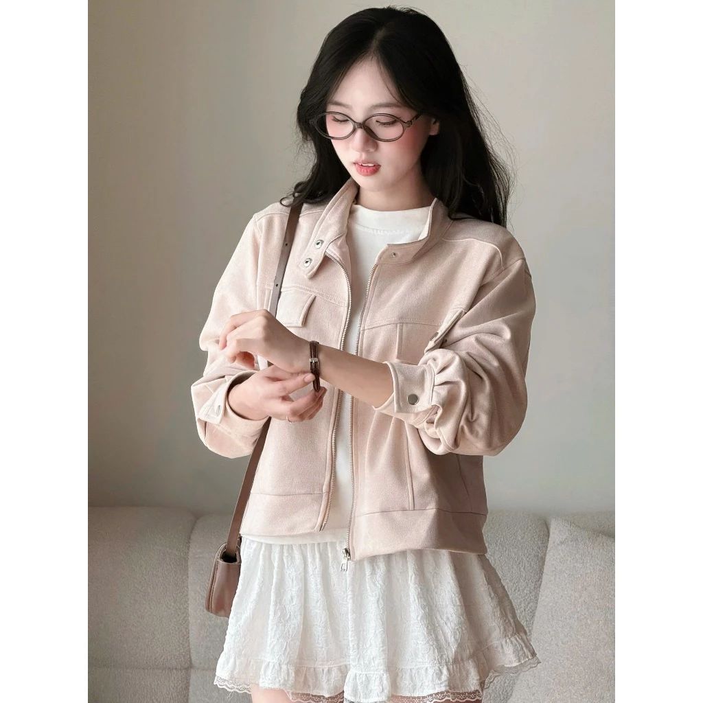  Áo Khoác Da Lộn Cổ Tàu, Áo Khoác Kiểu Dáng Lửng Chất Vải Dày Dặn Có Lót Trong Miho House 