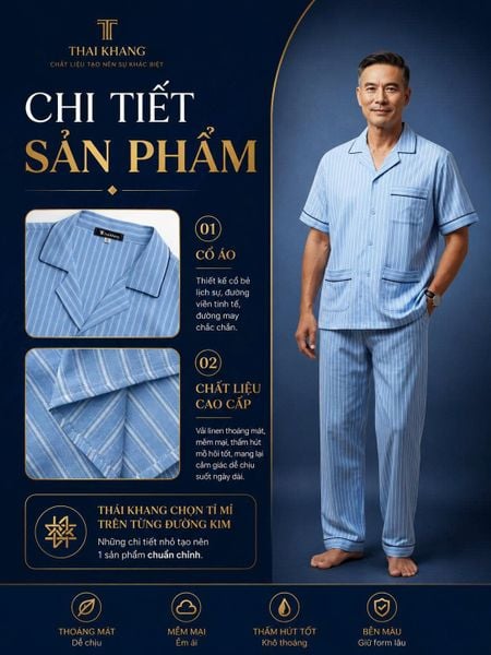 Bộ pijama nam trung niên Thái Khang bộ đồ cho bố mặc nhà vải Linen BO52