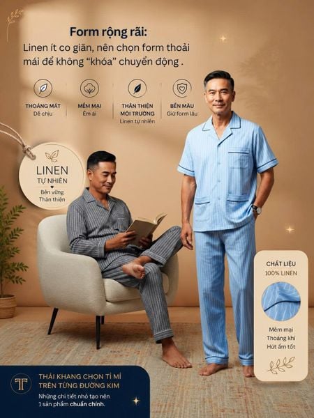 Bộ pijama nam trung niên Thái Khang bộ đồ cho bố mặc nhà vải Linen BO52
