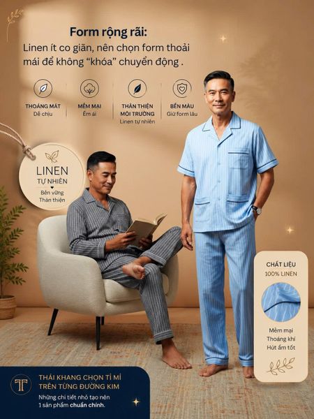 Bộ pijama nam trung niên Thái Khang bộ đồ cho bố mặc nhà vải Linen BO53