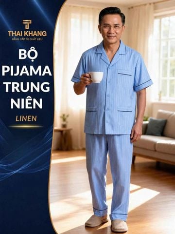 Bộ pijama nam trung niên Thái Khang bộ đồ cho bố mặc nhà vải Linen BO52
