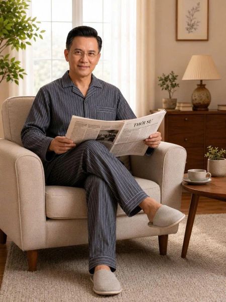 Bộ pijama nam trung niên Thái Khang bộ đồ cho bố mặc nhà vải Linen BO53