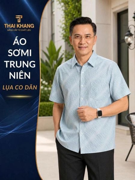 Áo sơ mi nam ngắn tay trung niên THÁI KHANG vải lụa co giãn ATK64