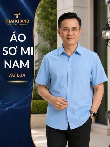 Áo sơ mi nam ngắn tay trung niên trơn Thái Khang vải lụa ATK17