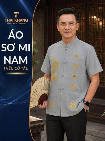 Áo sơ mi cổ trụ trung niên nam THÁI KHANG vải Đũi mịn thiêu rồng ATK10