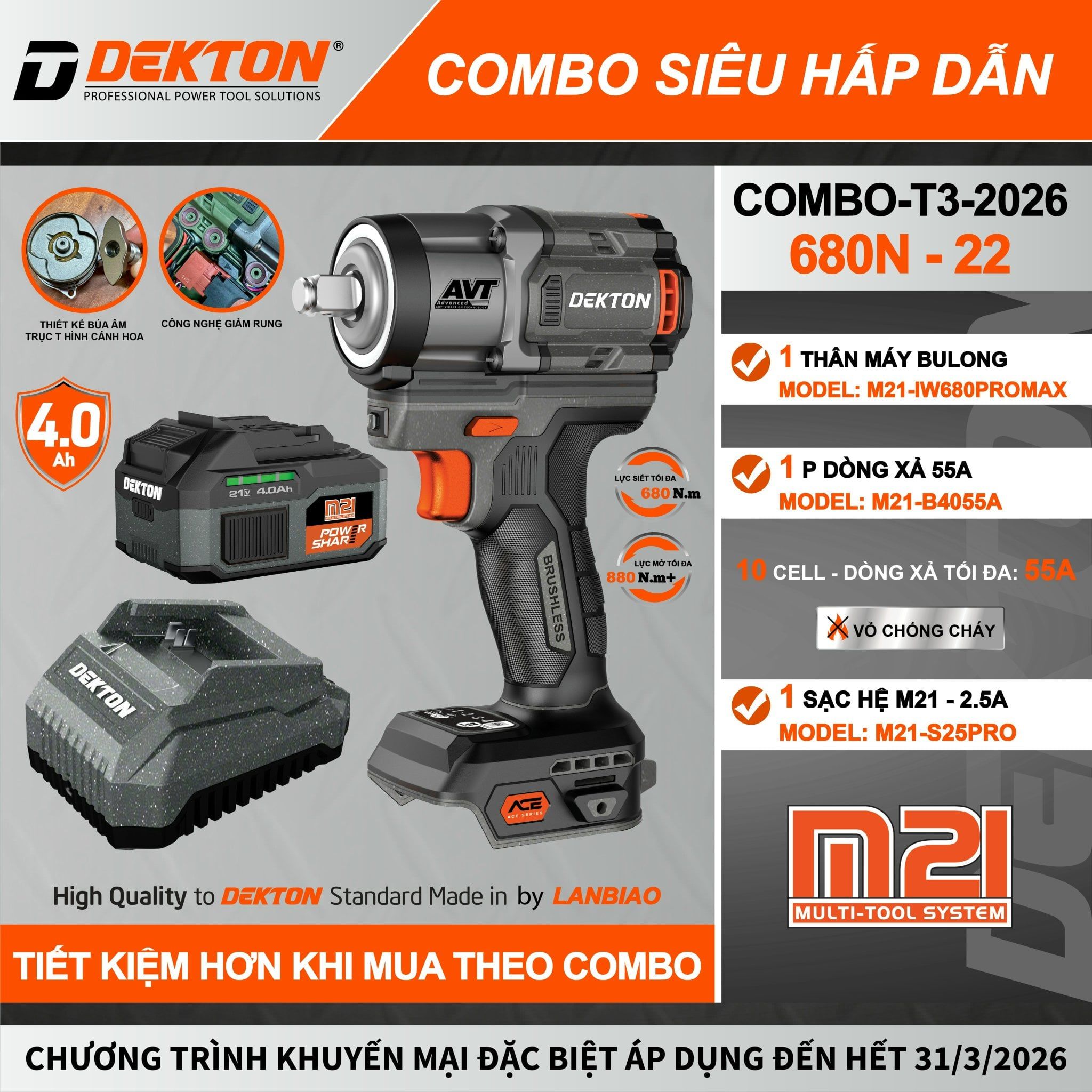  Combo Máy Siết Bu Lông Dekton M21-IW680Promax – Lực Siết 680Nm 