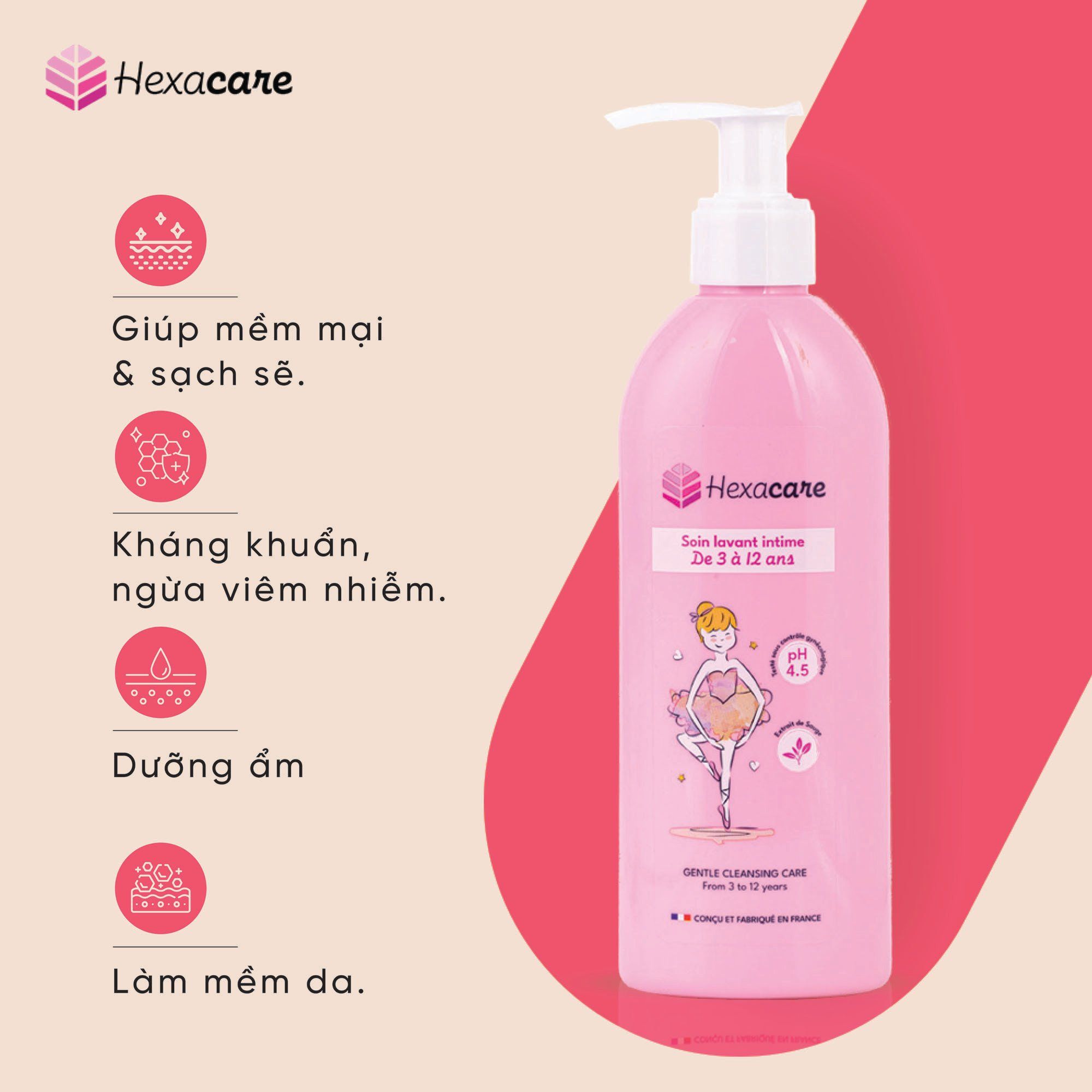  DUNG DỊCH VỆ SINH DÀNH CHO BÉ GÁI TỪ 3 ĐẾN 12 TUỔI, NHÃN HIỆU HEXACARE - GENTLE CLEANSING CARE FROM 3 TO 12 YEARS / SOIN LAVANT INTIME DE 3 À 12 ANS 