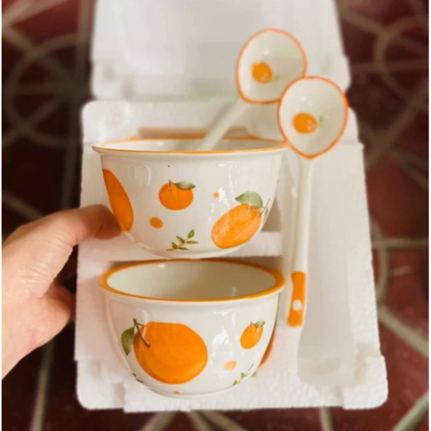 Set 2 bát sứ + 2 thìa sứ nhiều hoạ tiết (35 điểm)