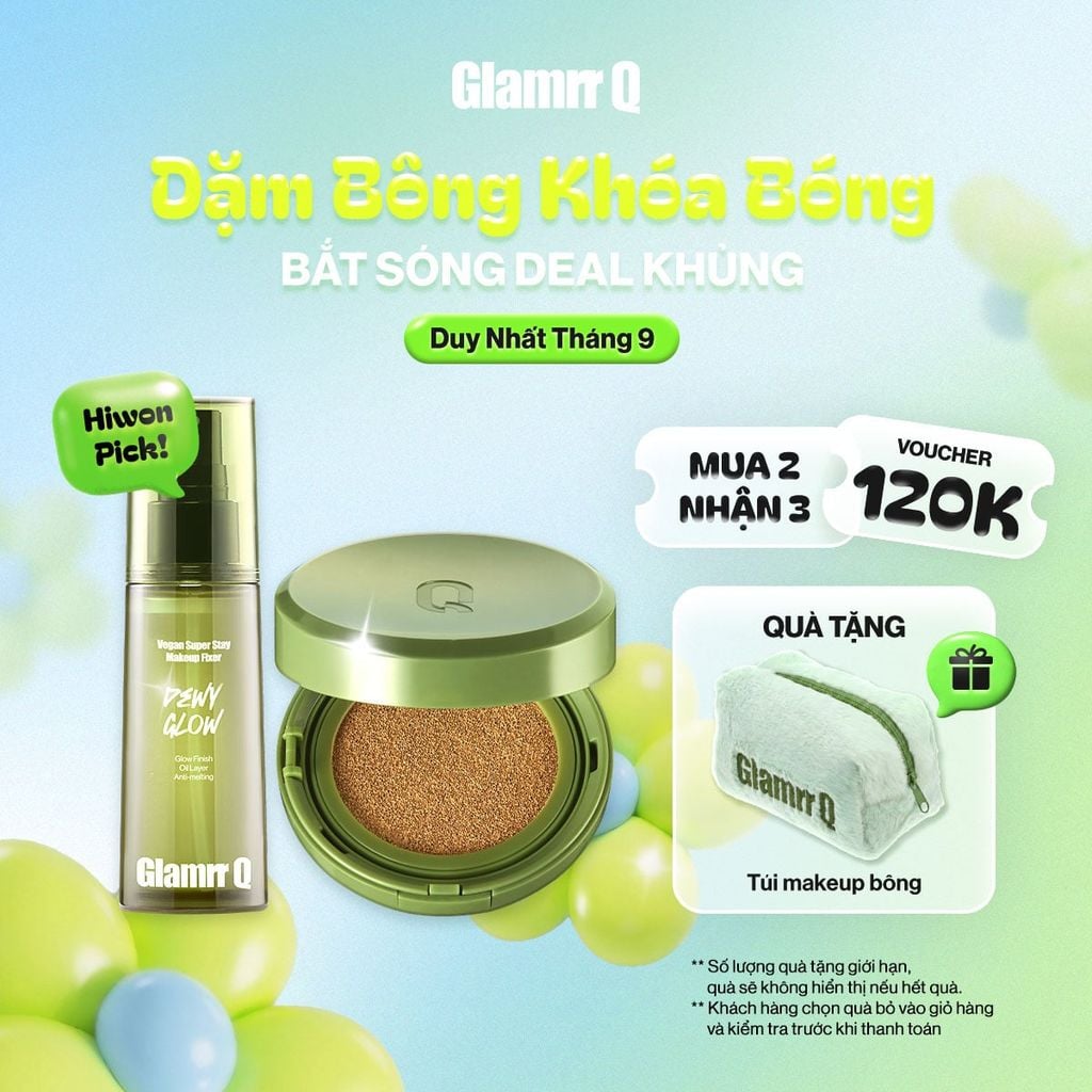 Combo Glamrr Q Cushion Vegan & Xịt Khóa Nền Cố Định Glamrr Q Vegan Super Stay Makeup Fixer