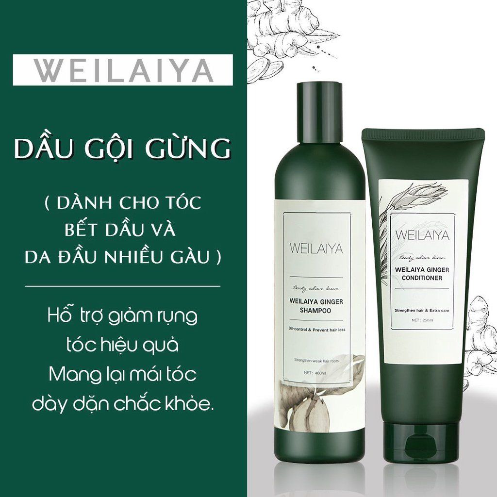 [Da Dầu] Cặp Gội-Xả Gừng Weilaiya nhãn Trắng (Gội 400ml & Xả 250ml, kèm set gội-xả 20ml)