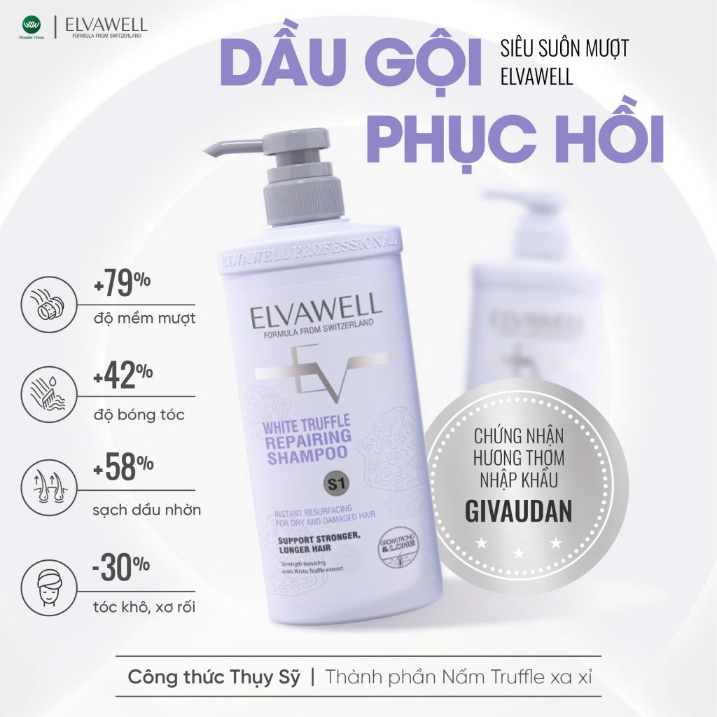 Cặp Gội Xả Phục Hồi Hư Tổn Siêu Suôn Mượt Elvawell 500ml