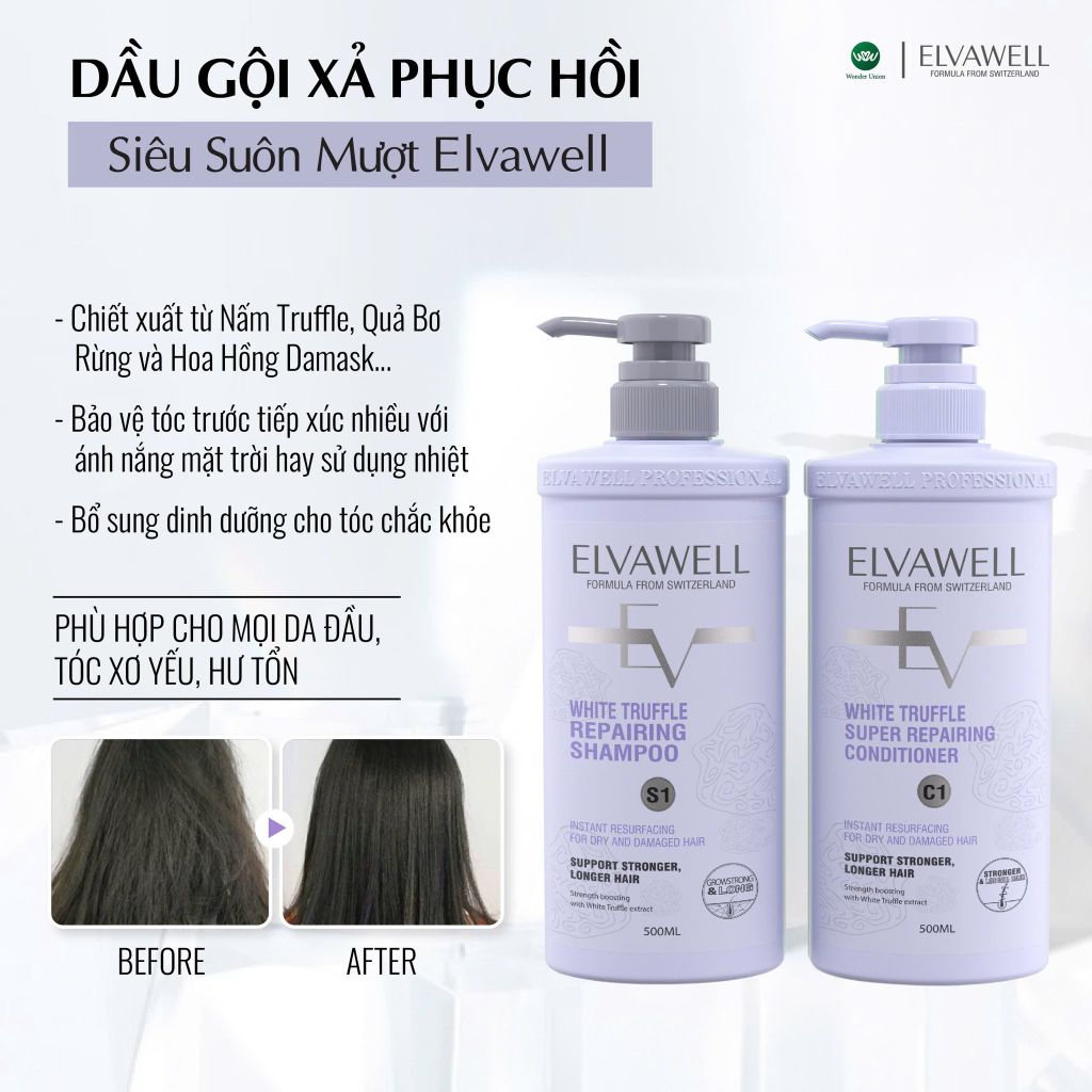 Cặp Gội Xả Phục Hồi Hư Tổn Siêu Suôn Mượt Elvawell 500ml