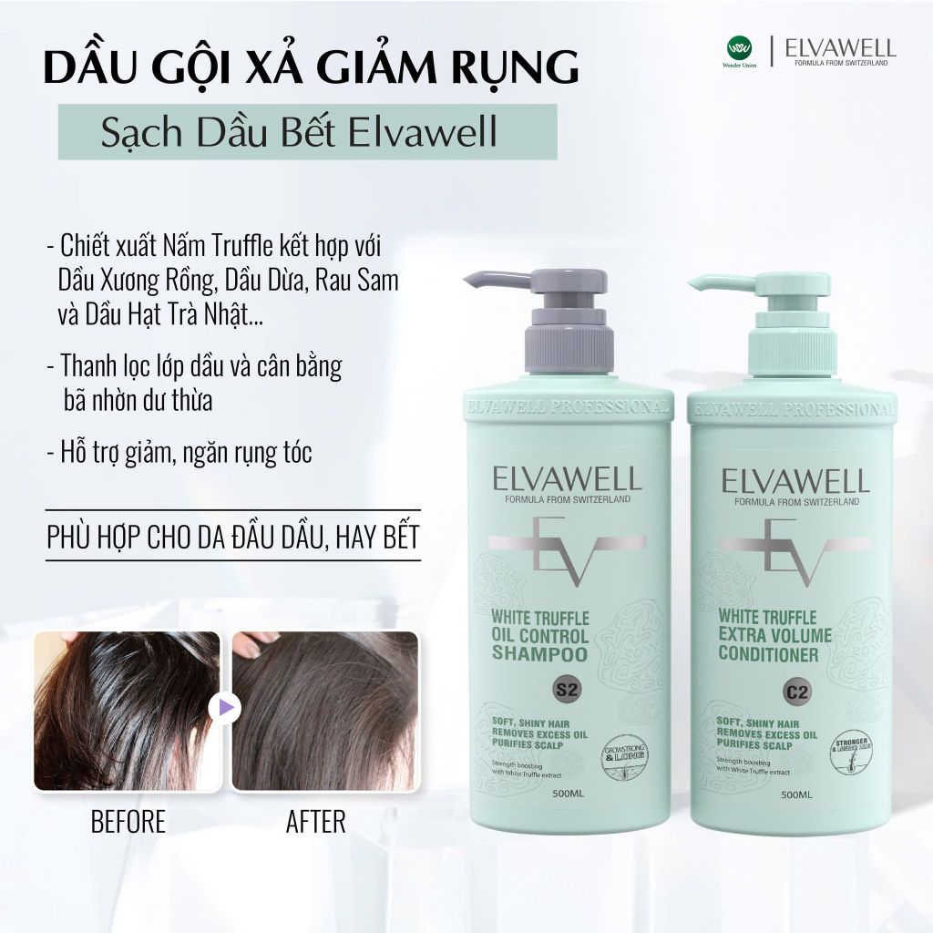 Dầu Gội Giảm Rụng Tóc Sạch Dầu Bết Elvawell 500ml - 1000ml