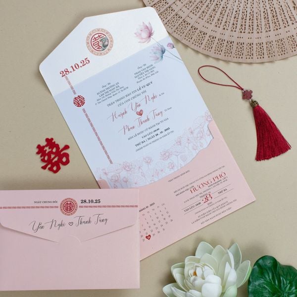 Thiệp Cưới 3 In 1 Hồng Hoa Sen Song Hỷ Truyền Thống – 2026