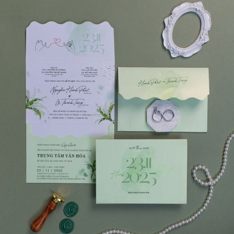 Thiệp Cưới 3 In 1 Xanh Mint Pastel – Bộ Thiệp Cưới Đẹp 2026