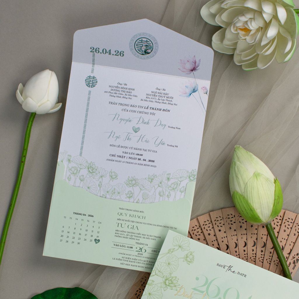 Thiệp Cưới 3 In 1 Xanh Pastel Hoa Sen – Nét Giao Thoa Truyền Thống & Hiện Đại