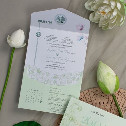 Thiệp Cưới 3 In 1 Xanh Pastel Hoa Sen – Nét Giao Thoa Truyền Thống & Hiện Đại