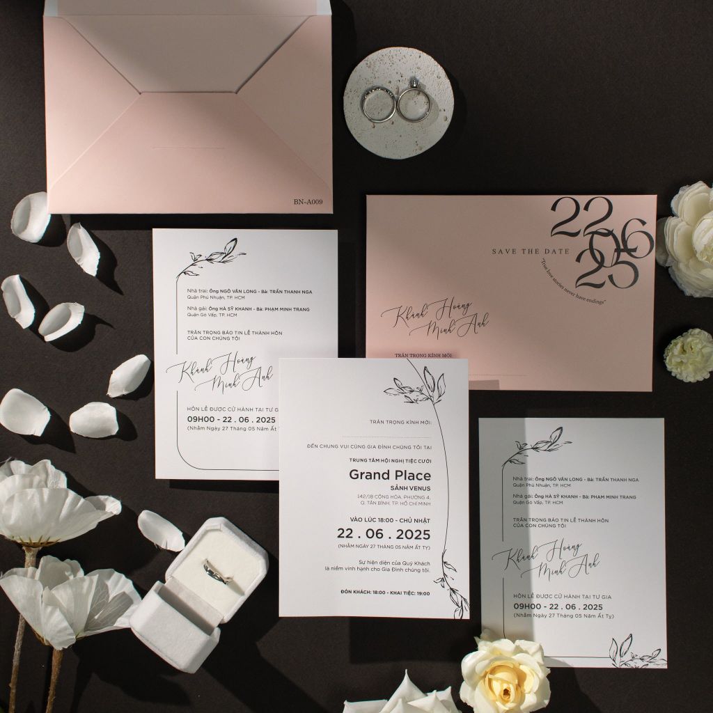 Thiệp Cưới Hồng Pastel Nét Chấm Phá Tối Giản Cho Ngày Chung Đôi - BN -A009