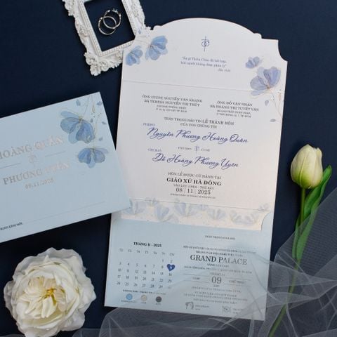 Thiệp Cưới Công Giáo 3 In 1 Xanh Da Trời Hoa Màu Nước – 2026
