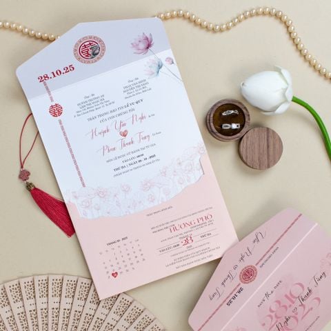 Thiệp Cưới 3 In 1 Hồng Hoa Sen Song Hỷ Truyền Thống – 2026