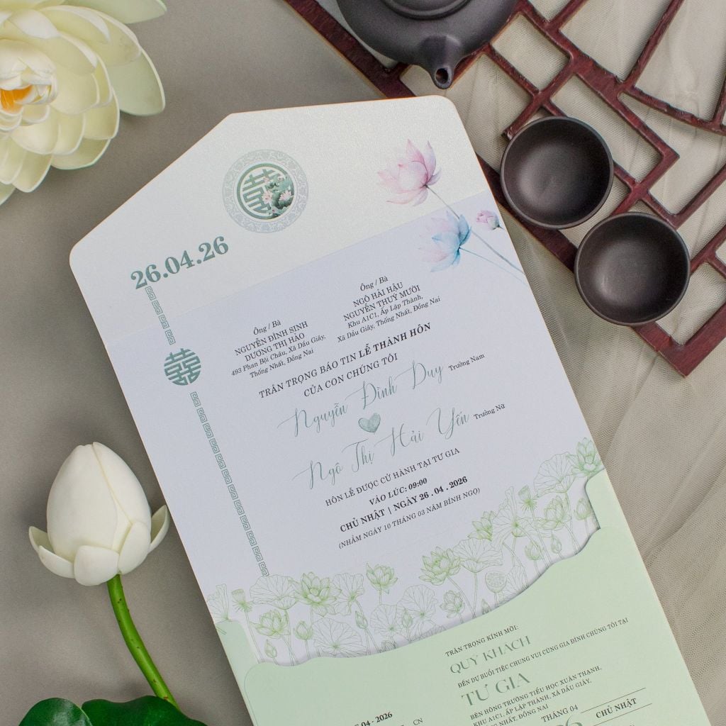 Thiệp Cưới 3 In 1 Xanh Pastel Hoa Sen – Nét Giao Thoa Truyền Thống & Hiện Đại